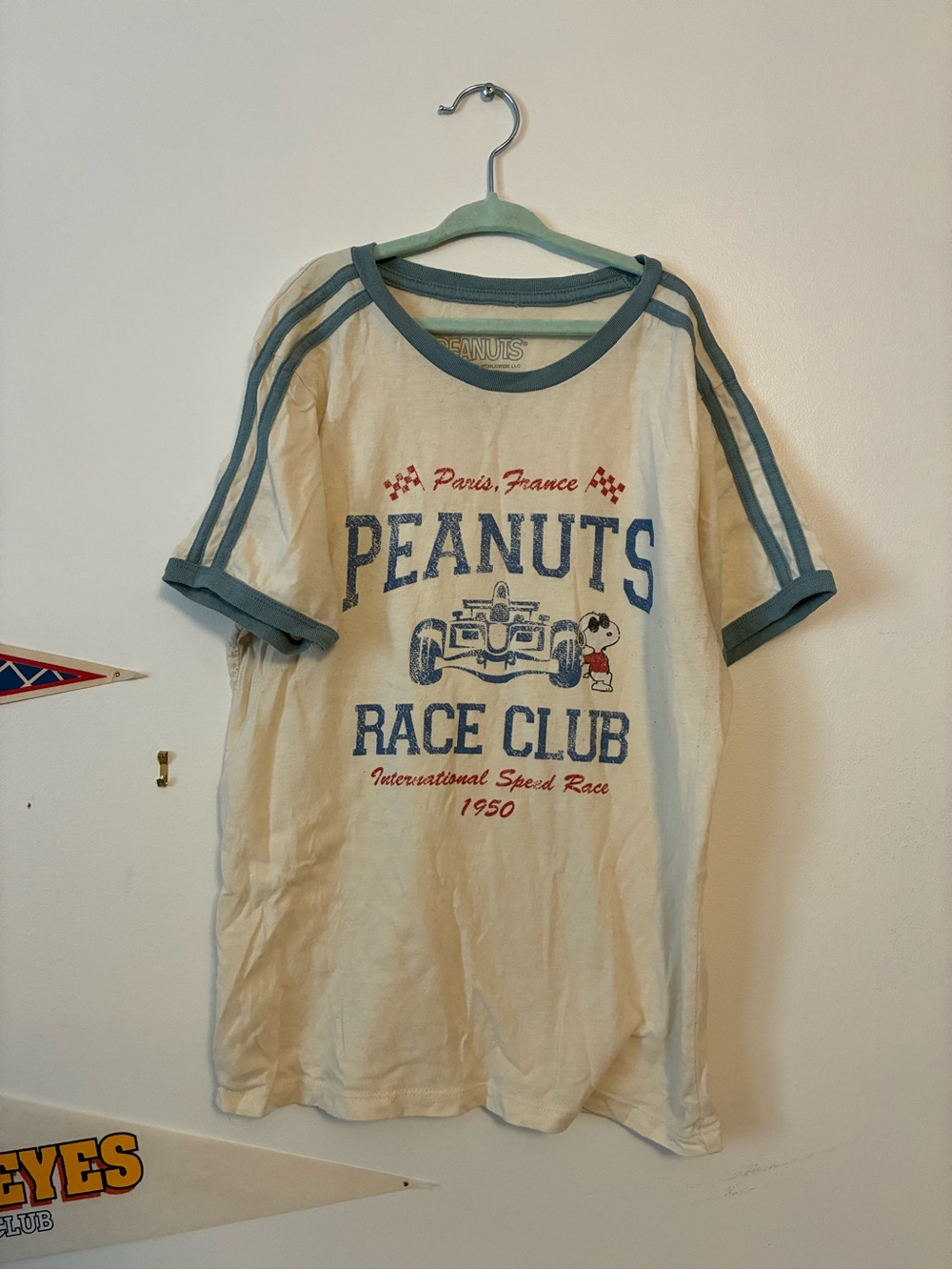 Peanuts Kids Cream Tee with Blue Trim and Race Club Graphic